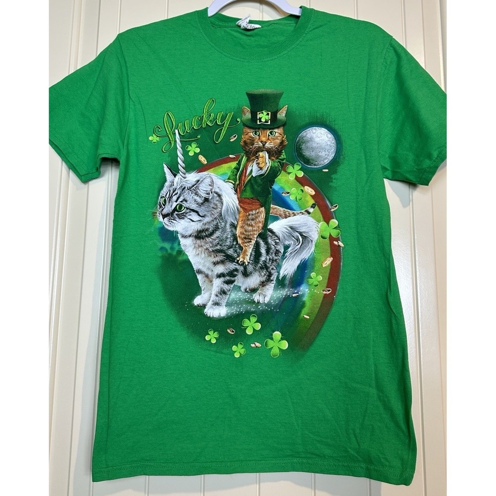 St. Patrick Day Green Cat Leprechaun unicorn rainbow t-shirt sz S Fesitve Clover